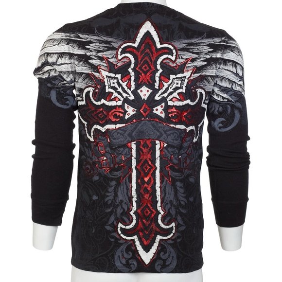 ARCHAIC by AFFLICTION Men's Long Sleeve THERMAL Shirt RED FLAG Biker Black - Picture 6 of 7